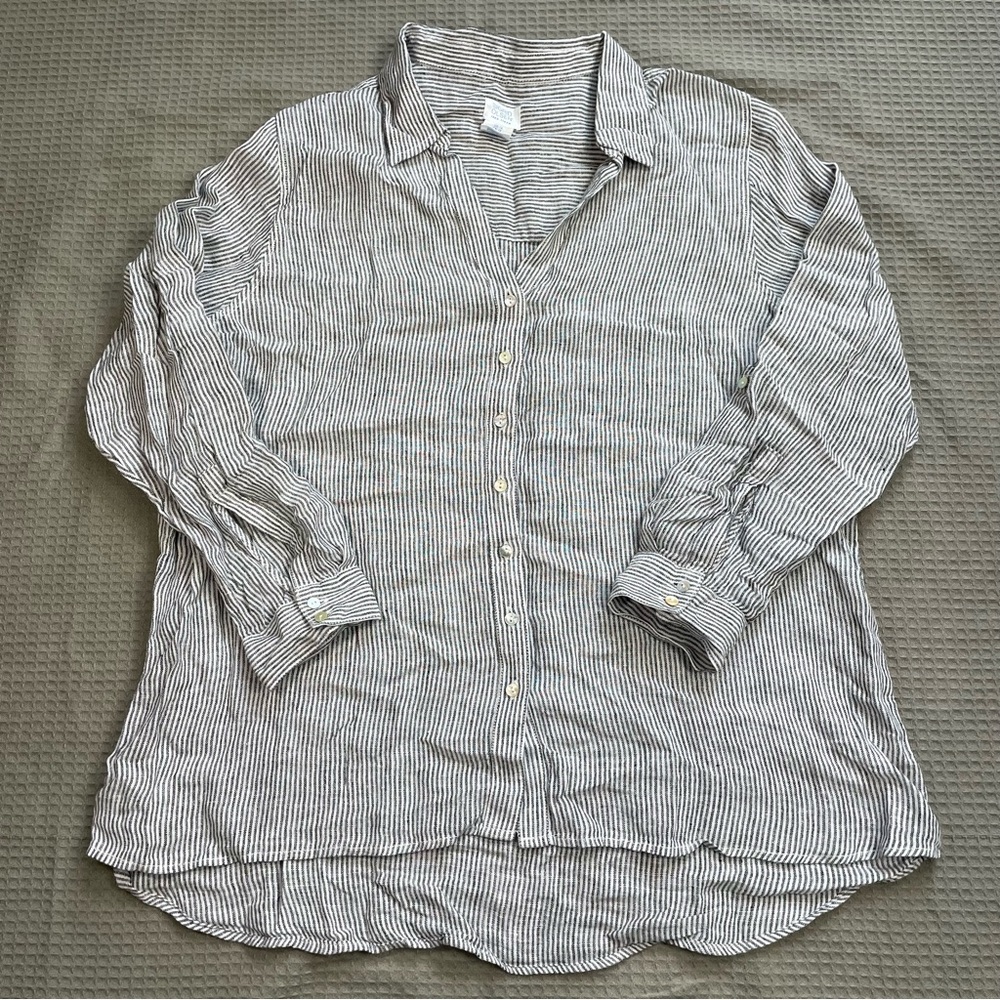 Sigrid Olsen 100% Linen Shirt 1X Long Sleeve Button Up Roll Tab Stripe Coastal